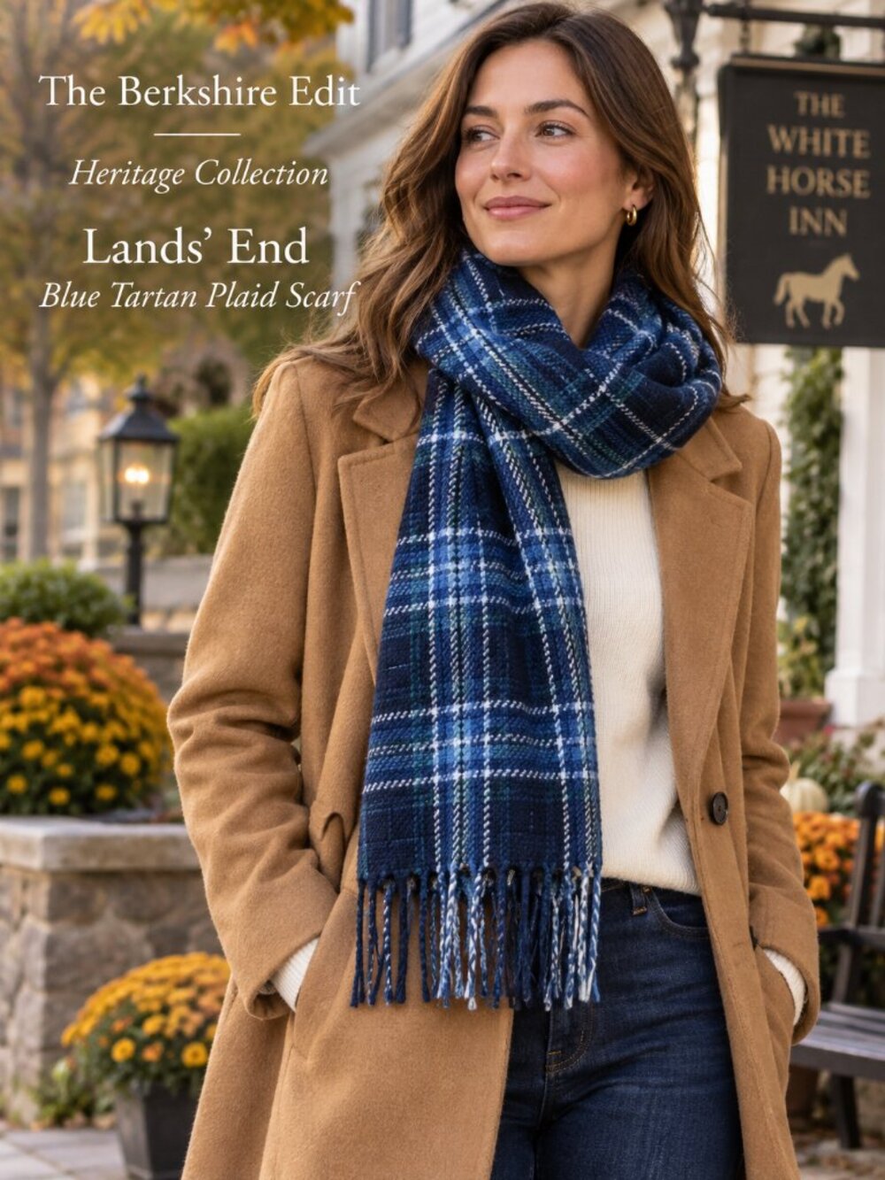 Lands' End Blue Tartan Plaid Fringe Scarf Soft Preppy Winter Wrap Heritage